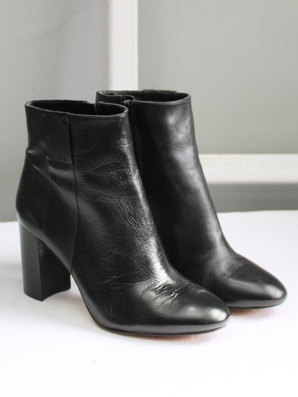Nine West WHYNOT Leather Block Heel Booties Ankle Boots Black Women Size 8